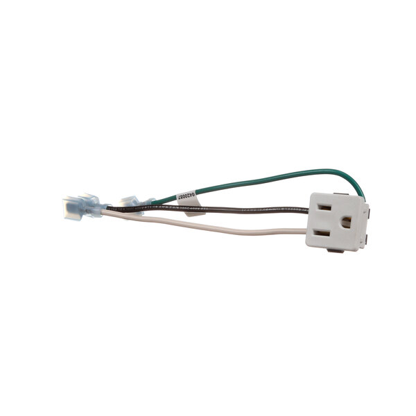 A white Hussmann receptacle with wires and a green plug.
