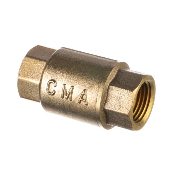 A brass CMA ball valve with a gold metal pipe and nut.