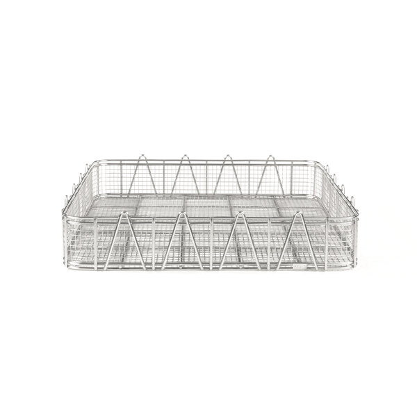 A wire basket rack with a metal grid structure.