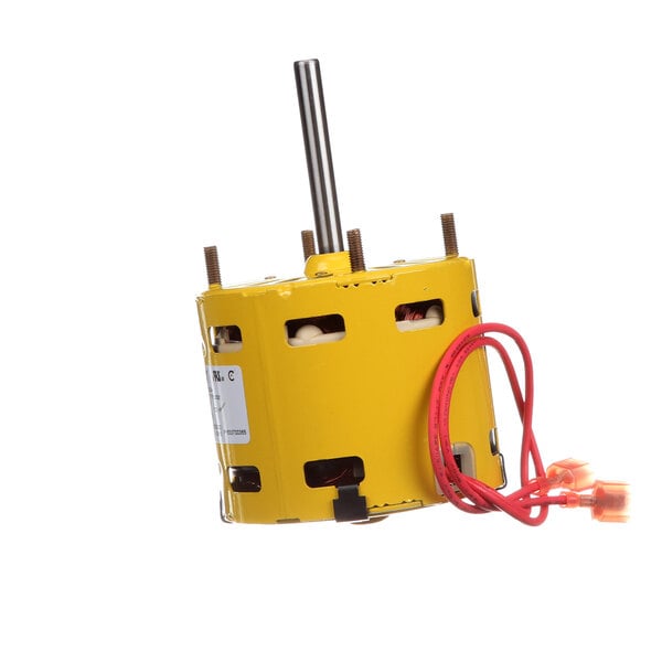 A yellow Russell commercial refrigeration fan motor with red wires.