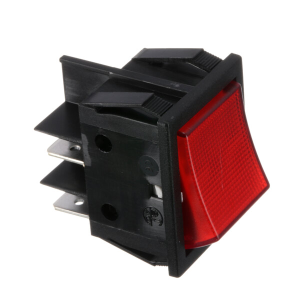 A red push button switch with black plastic cover.