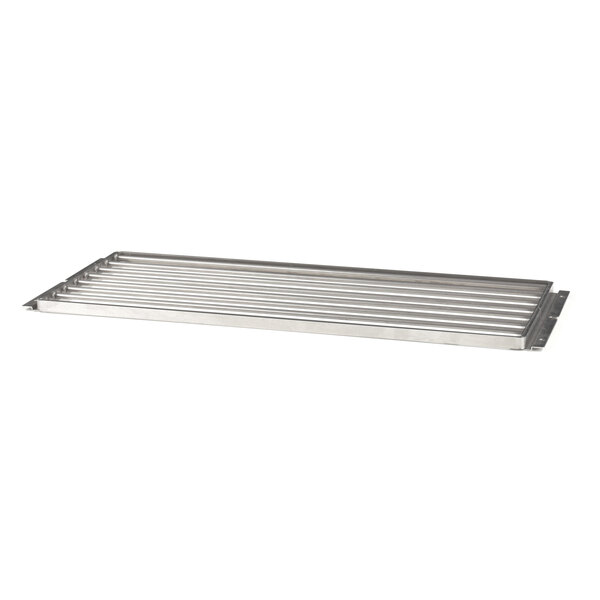 A stainless steel tray with a metal rack and handle.
