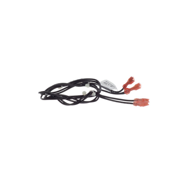A black cord with red and black wires.