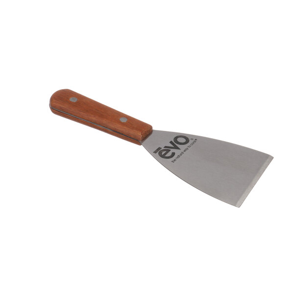 A metal spatula with a wooden handle.