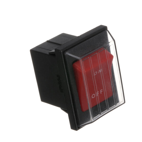 A black and red On/Off switch with a plastic cover over the red button.