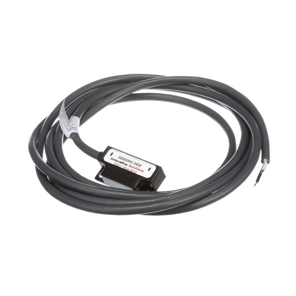 A black cable with white connectors and a white label.