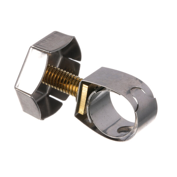 A stainless steel hose clamp with a screw on it.