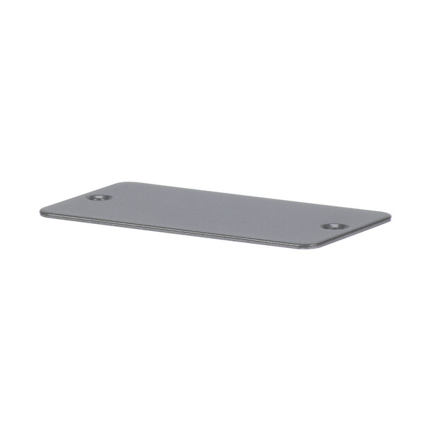 A grey rectangular metal plate with two holes.