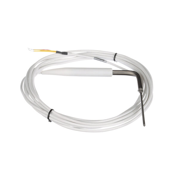 A white cable with a wire and a wire connector.