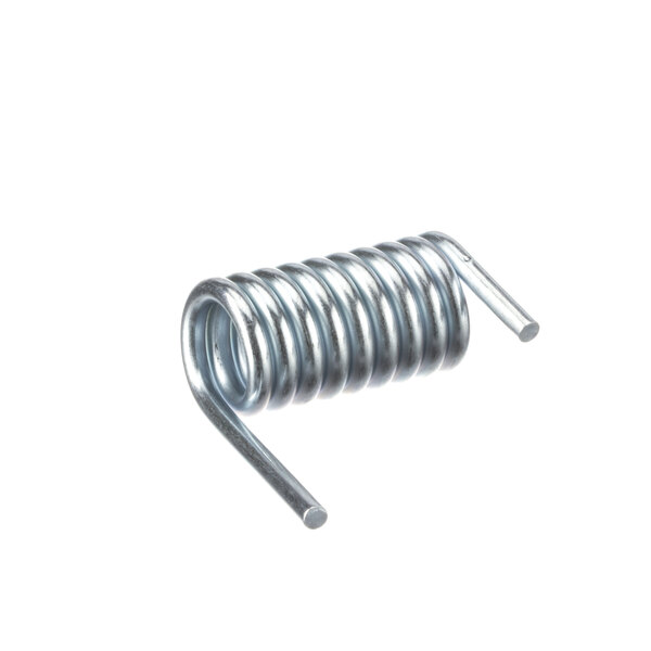 A close-up of a spiraled metal coil on a white background.