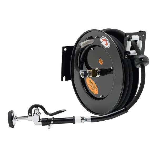 An Equip by T&S black hose reel with a hose attached.