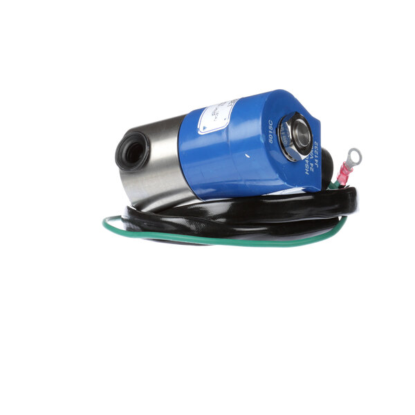A blue and silver Frymaster Solenoid Assy with a black cable.