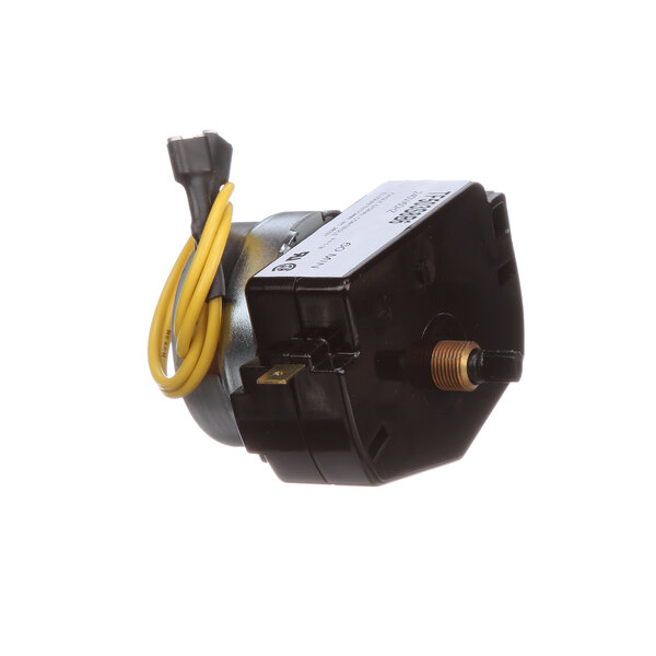 A small black and yellow electric motor with yellow wires attached.