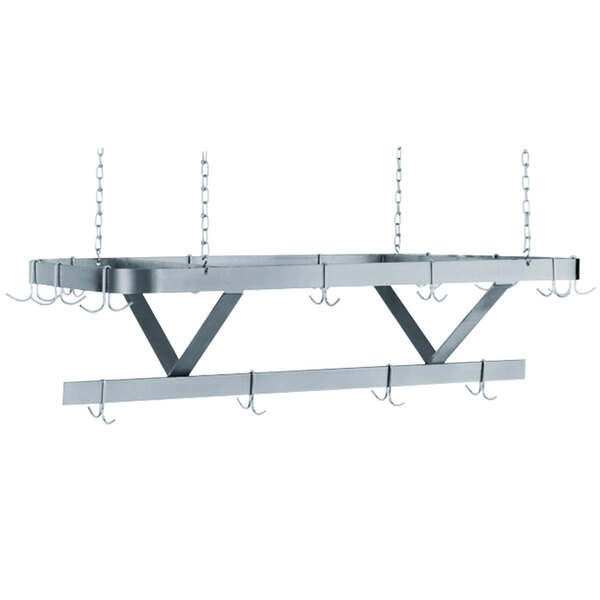 A stainless steel ceiling mounted pot rack with hooks.