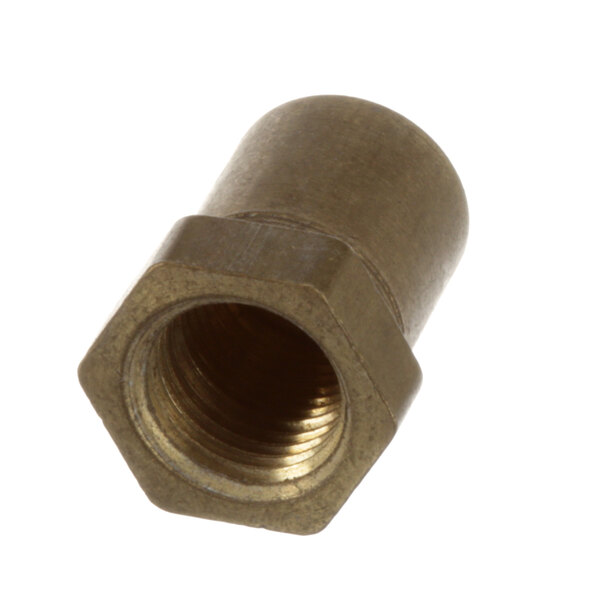 A brass threaded nut on a white background.