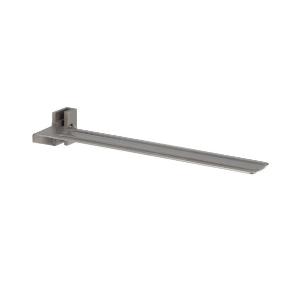 A long metal bar with a square bracket on a white background.