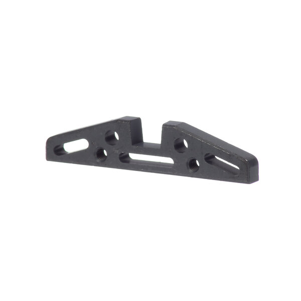 A black plastic bracket with black metal pieces and holes.