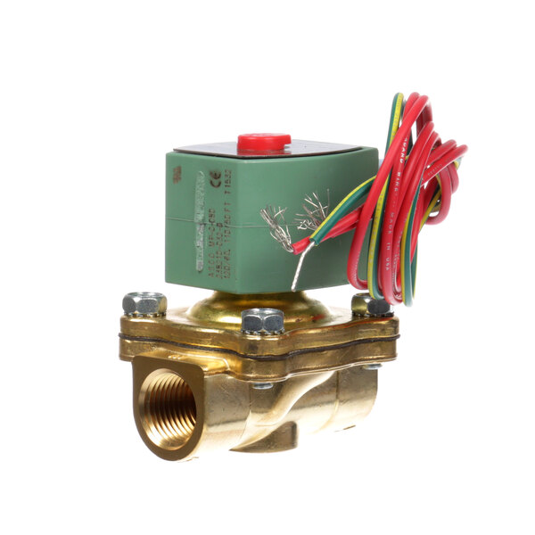 A Belshaw Kardex brass valve solenoid with red and green electrical cables.