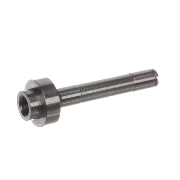 A metal Hobart grinding wheel shaft with a black handle and round nut.