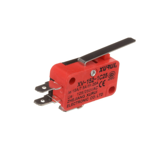 A red miniature switch with a black handle.