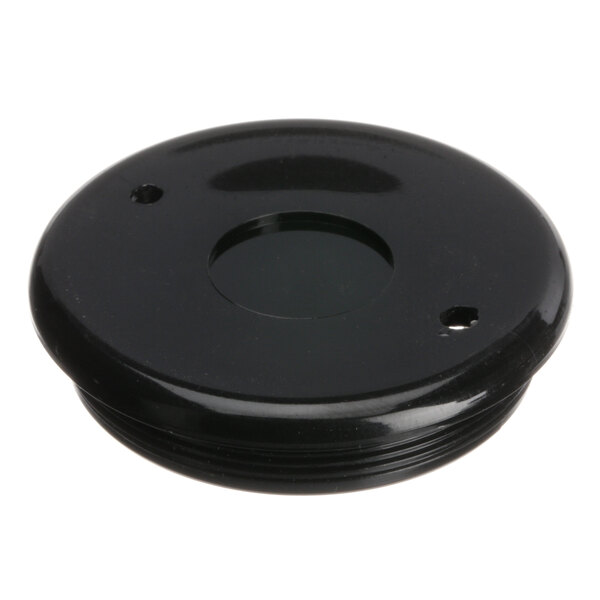 A black plastic round knob with a hole in the center.