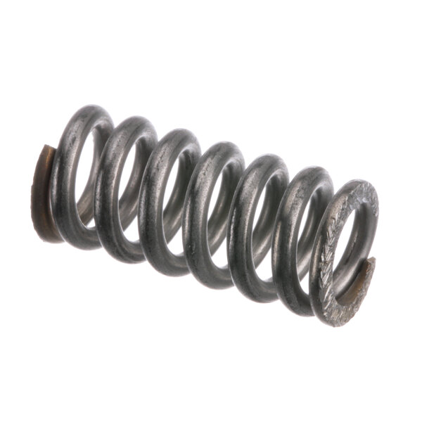 A close-up of a metal spring with a black coil.