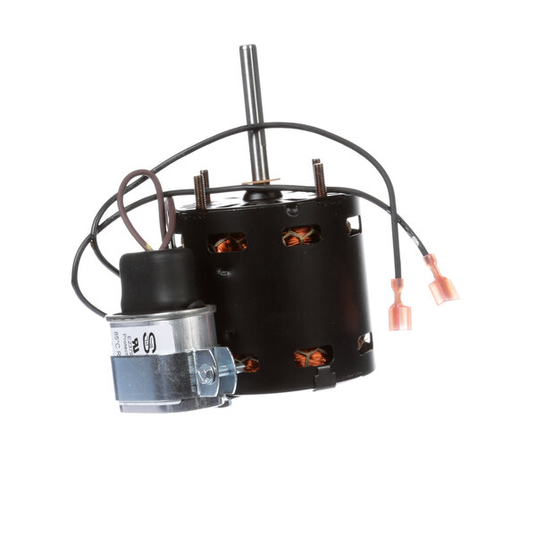 A black Russell Evap fan motor with wires.