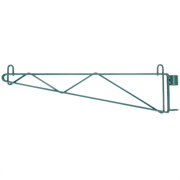 A green metal post-type wall mount shelf support with two legs.