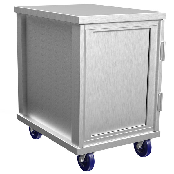 A silver metal Winholt sheet pan rack box on wheels.