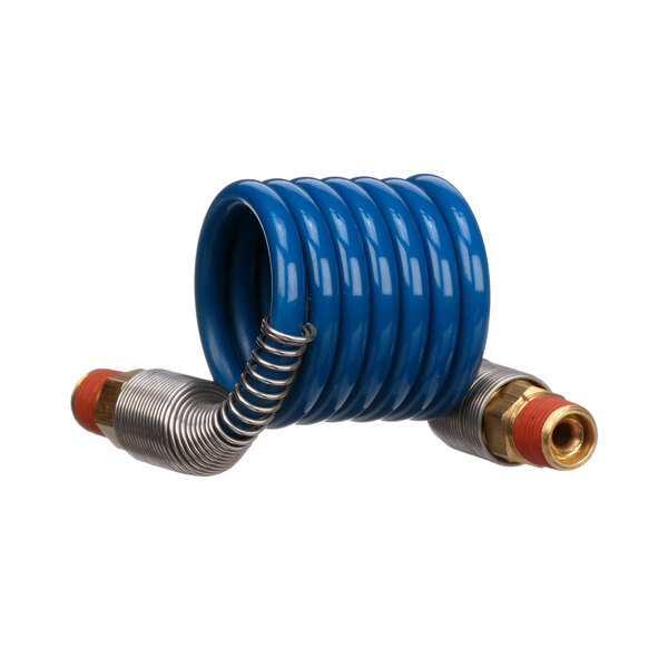 A blue coil hose with metal spring ends.