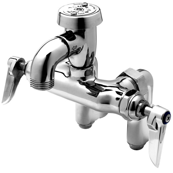 A close-up of a T&S chrome service sink faucet with lever handles.