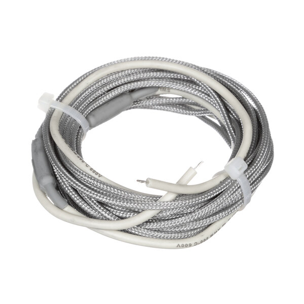 A coil of grey and white wire with silver and white cables.