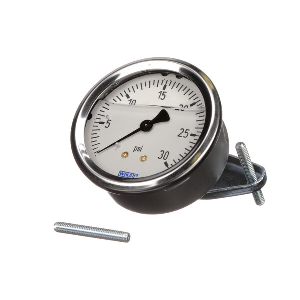 A close-up of a CMA Dishmachines pressure gauge with a screw and nut.