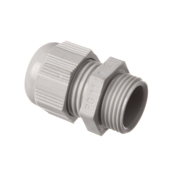 A close-up of a white plastic pipe connector with a grey plastic Quality Espresso Skintop S fitting.