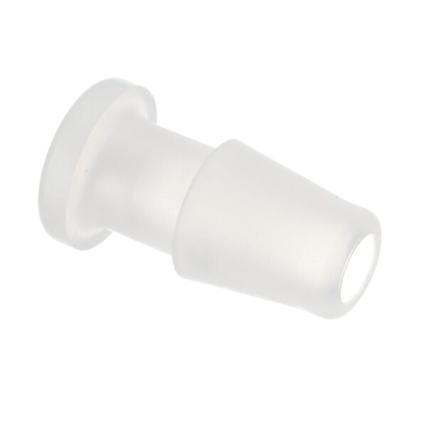 A close-up of a white plastic Newco plug with a small hole.