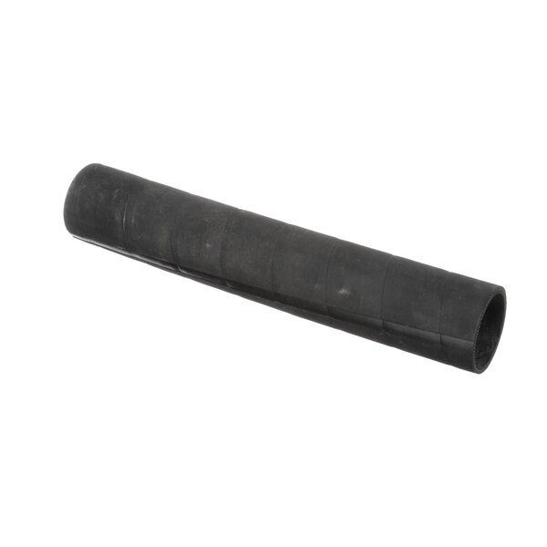 A black rubber hose with metal ends on a white background.