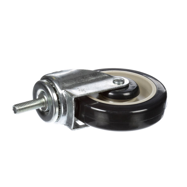 A black and silver Stoelting by Vollrath caster wheel with a metal screw.