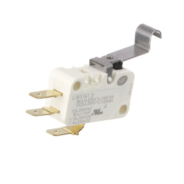 A white electrical switch with a metal lever and two wires attached.