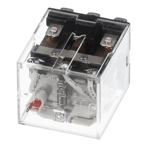 A clear plastic box with a black and silver metal RBI 15-0123 Relay and wires.