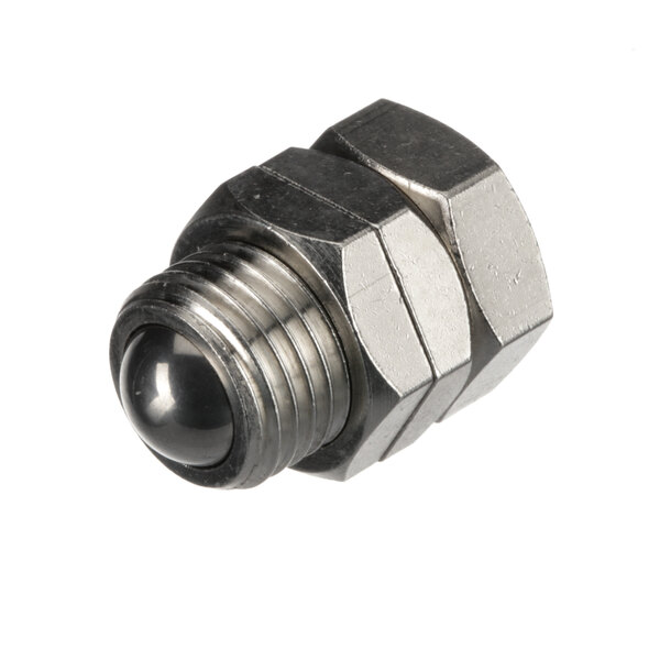 A stainless steel threaded pipe fitting with a bolt on a white background.