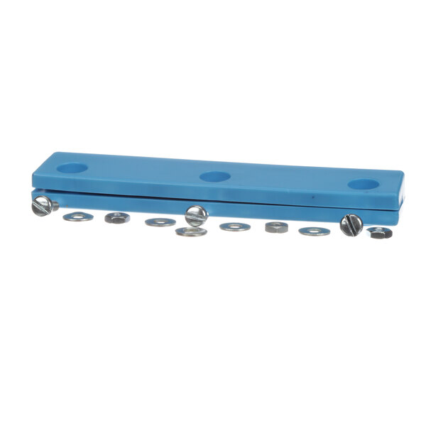 A blue rectangular Lakeside bumper with holes and screws.