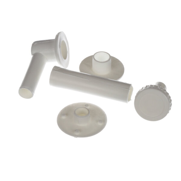 A group of white plastic Criotec freezer drain parts.