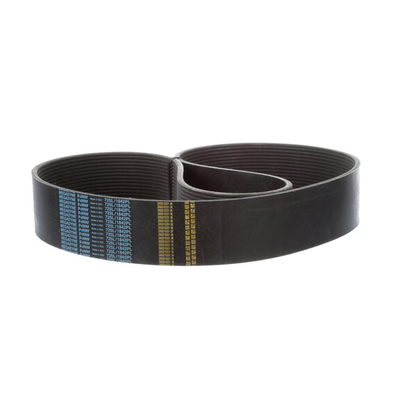 A black belt with yellow stripes and blue text.
