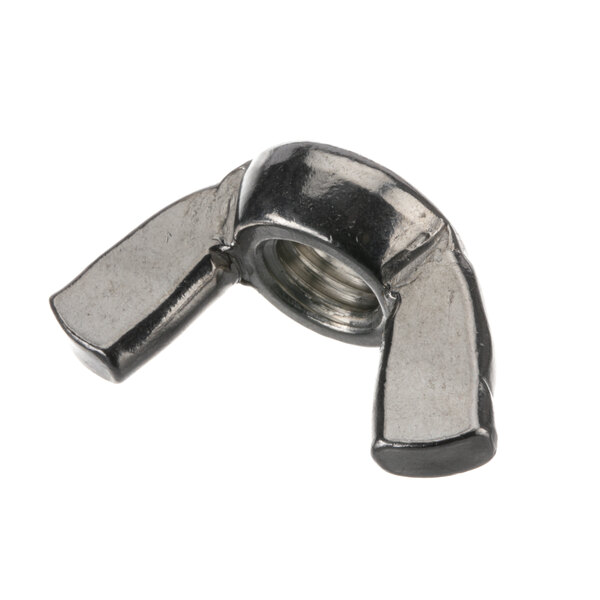 A close-up of a stainless steel wing nut with a black handle on the end.