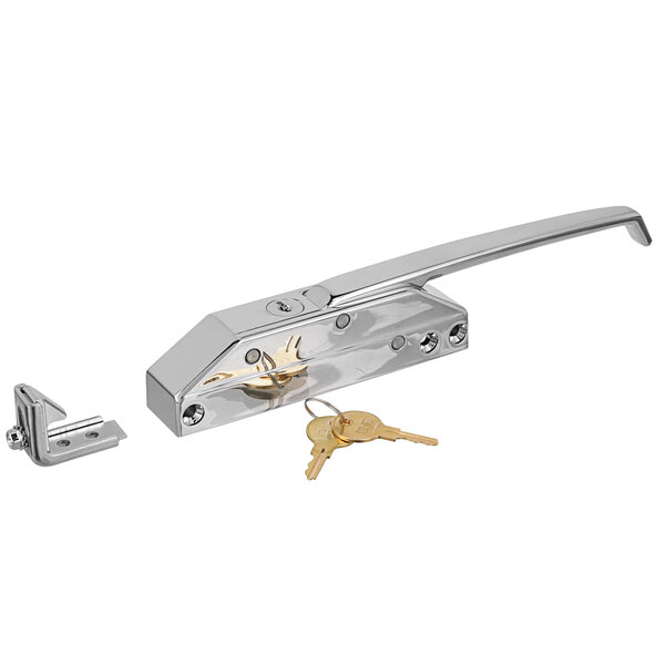 A chrome door latch (Component Hardware R35-1105-C) with keys.