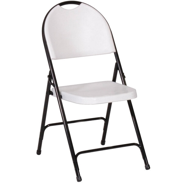 A gray Correll plastic folding chair with black frame.