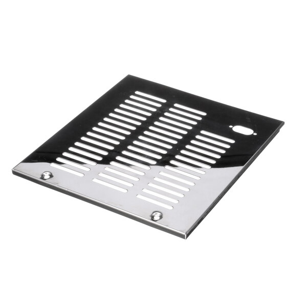 A black metal Donper America rear panel with a metal grate with holes.