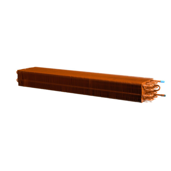 A brown rectangular Hussmann coated evaporator coil with long tubes.