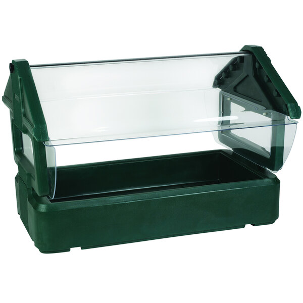 A Carlisle forest green plastic food container with a clear lid on a tabletop salad bar.