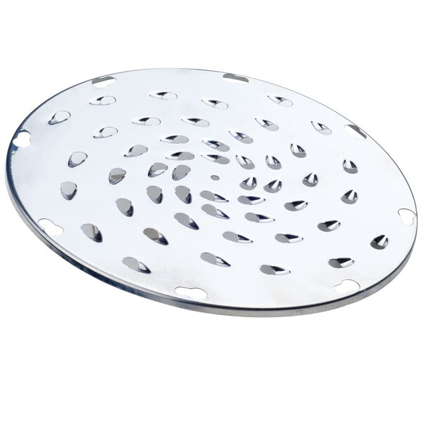 A silver circular Globe XSP516 shredder plate with holes in it.